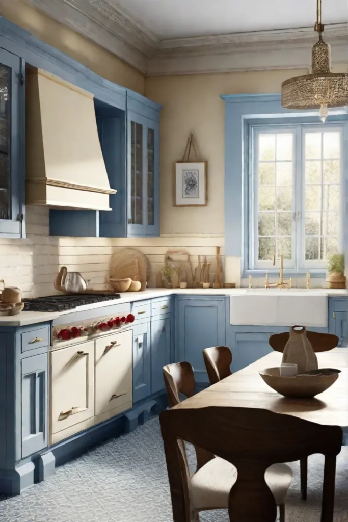 A serene kitchen painted in soft pastel blue and cream showcasing a