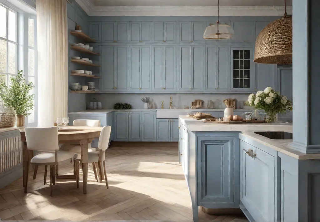 A serene kitchen painted in soft pastel blue and cream showcasing afeat