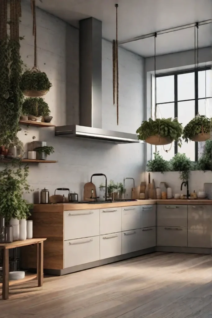 A serene kitchen setting displaying a hanging basket for storing fresh fruits