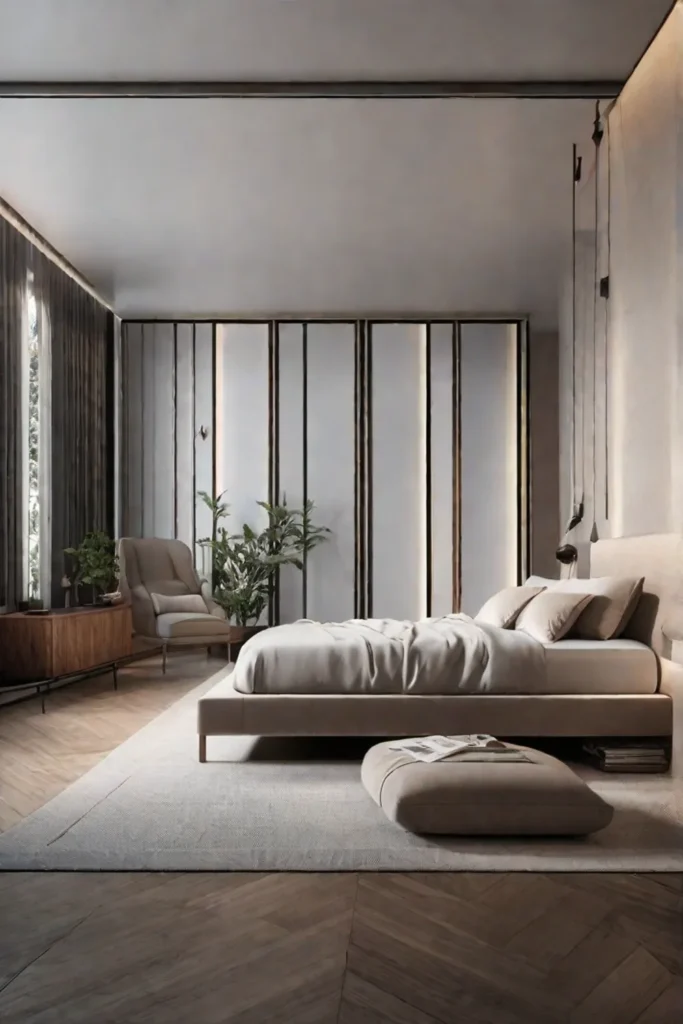 A serene minimalist bedroom featuring a neutral color palette a lowprofile bed