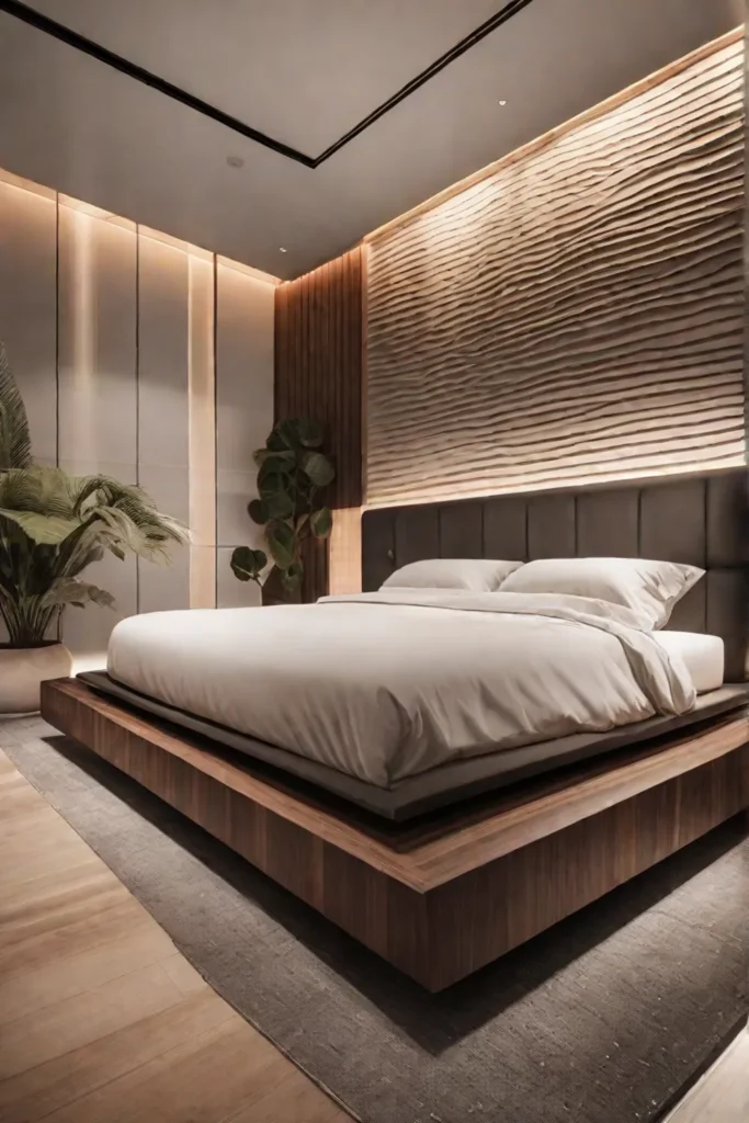 A serene minimalist bedroom with a monochromatic color scheme featuring a simple