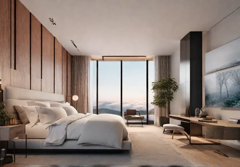A serene minimalist bedroom with a monochromatic color scheme featuring a simplefeat
