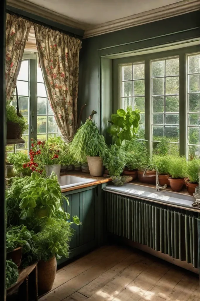 A serene view of a kitchen garden window filled with fresh herbs