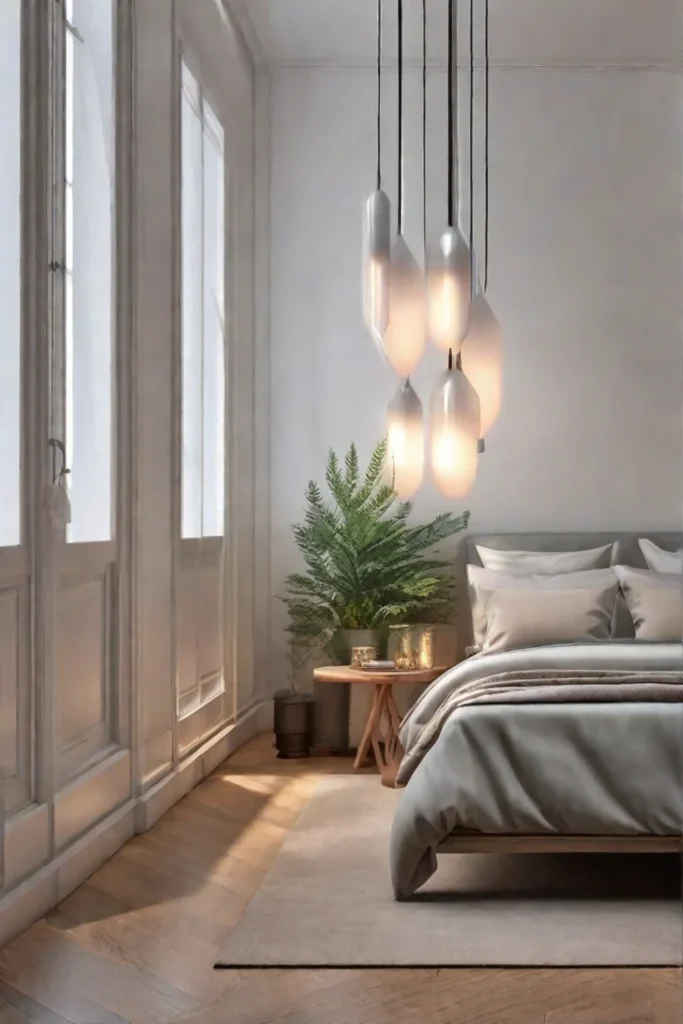 A sleek and modern lighting arrangement featuring geometric pendant lights over bedside