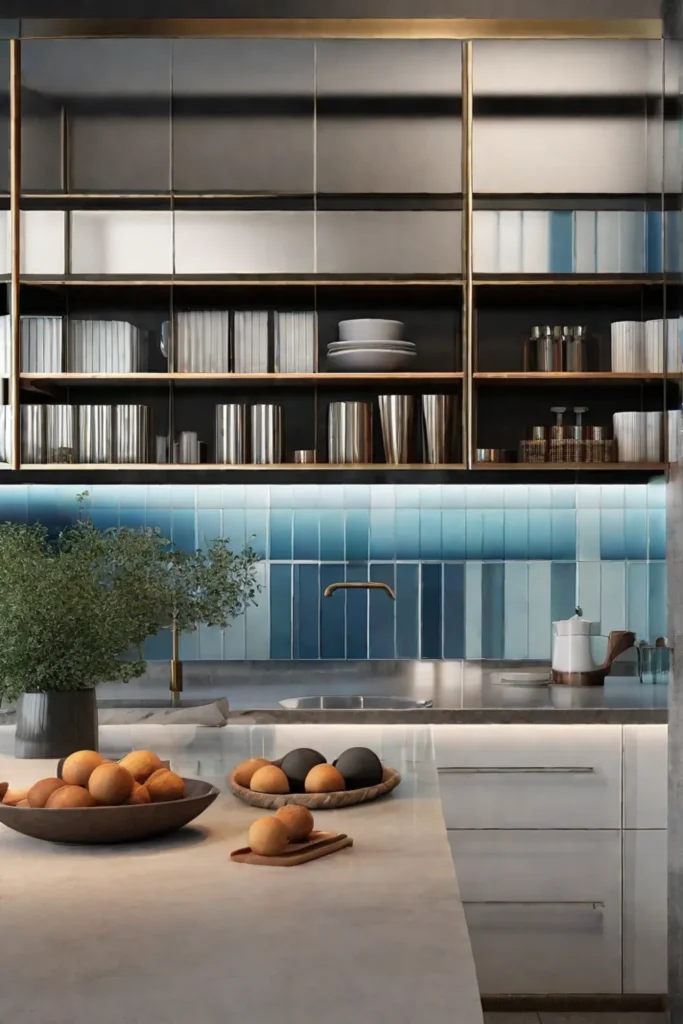 A sleek glass tile backsplash reflecting the soft glow of undercabinet lighting