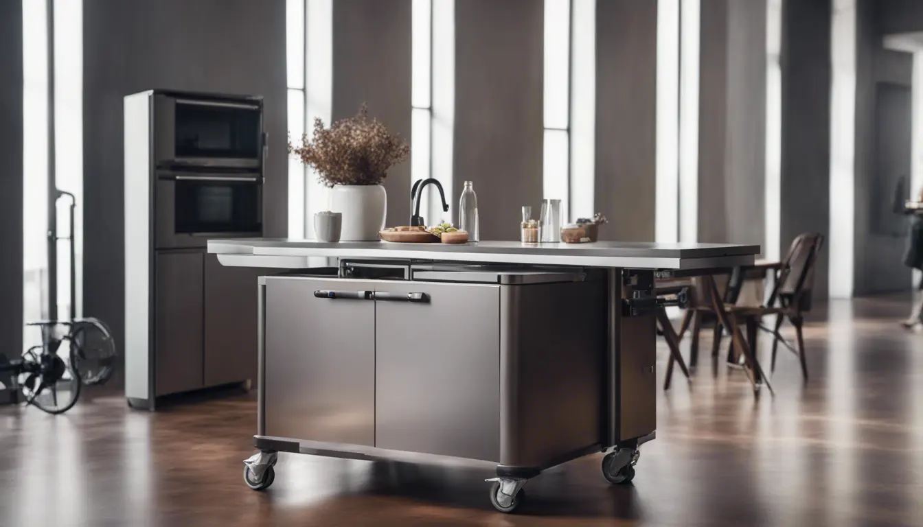 A sleek, metallic mobile kitchen island with lockable wheels, featuring a foldable dark wood counter