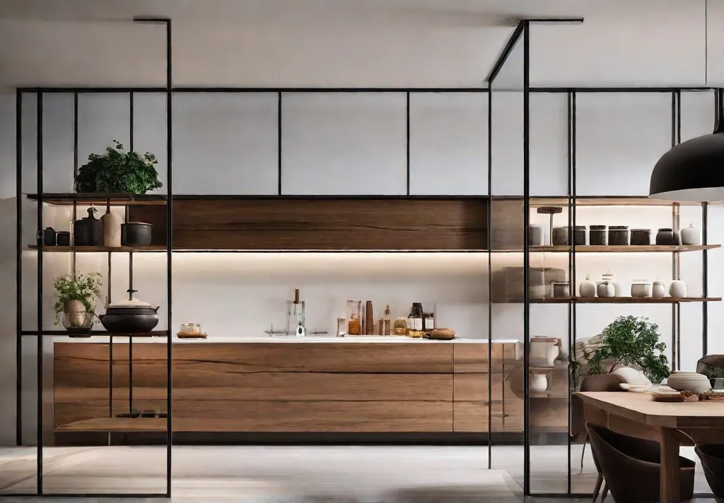 A sleek modern kitchen with wallmounted shelves neatly displaying jars of spicesfeat