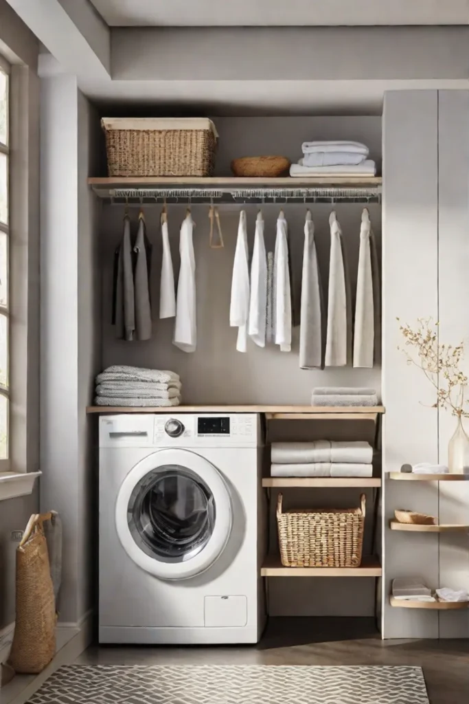 A sleek modern laundry room featuring wallmounted shelves filled with neatly arranged_resized 1