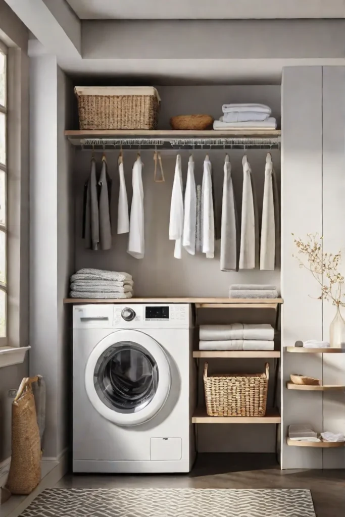 A sleek modern laundry room featuring wallmounted shelves filled with neatly arranged_resized