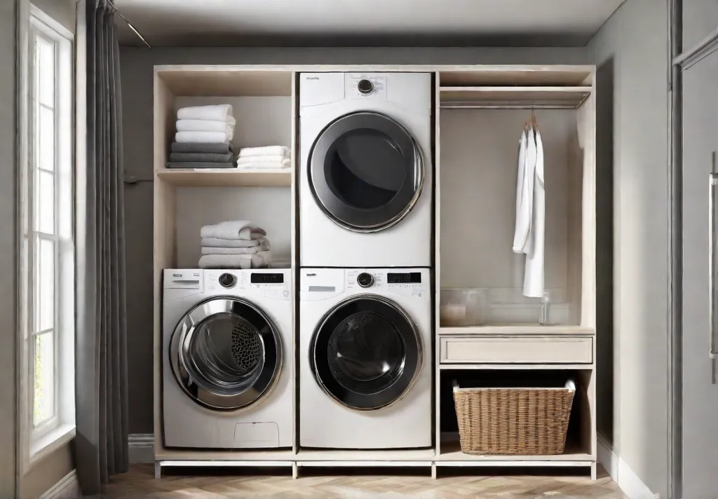 A sleek modern laundry room featuring wallmounted shelves filled with neatly arrangedfeat