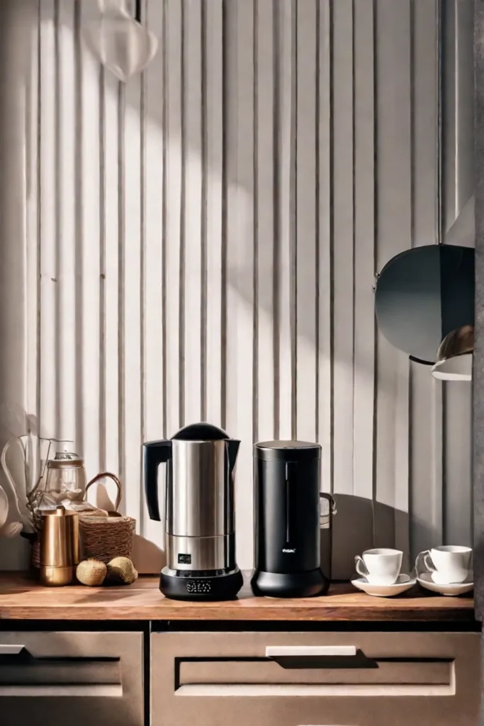 A sleek modern stainless steel coffee maker on a polished wooden kitchen