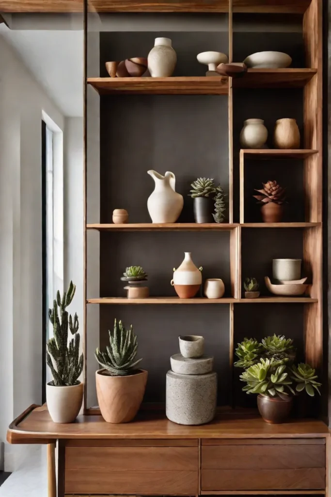 A softly lit shelf displaying a collection of ceramic and wood sculptures