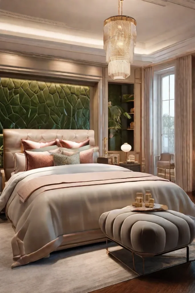 A sophisticated bedroom corner with a luxurious velvet chaise lounge draped in 1