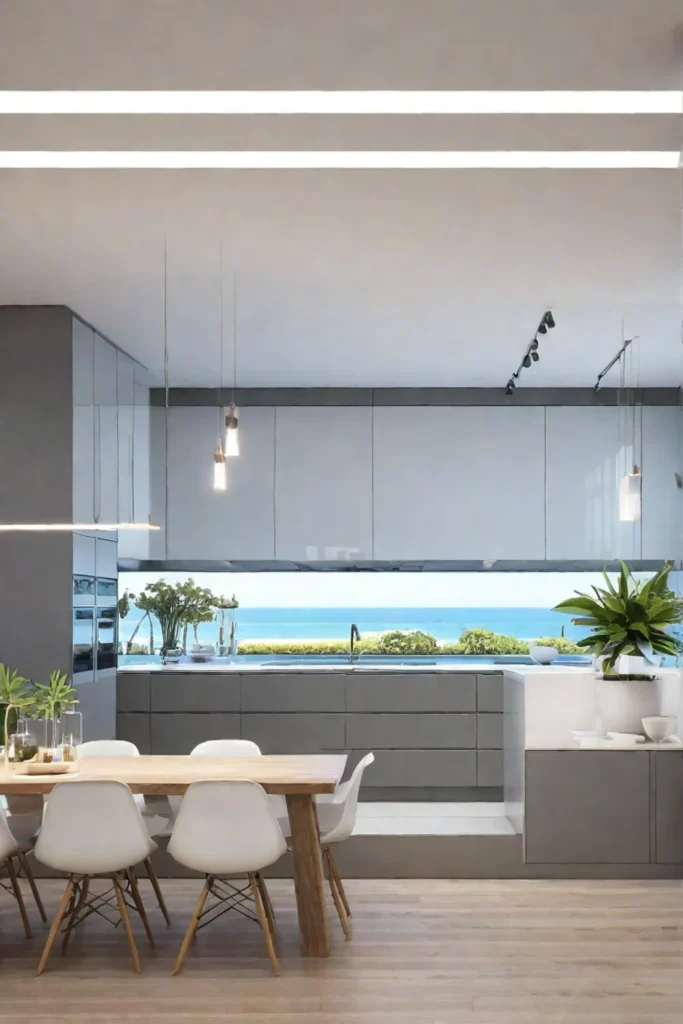 A spacious coastal kitchen with ample natural light energyefficient LED strip lights