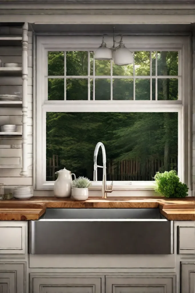 A spacious farmhouse sink nestled into a butcher block countertop offering a