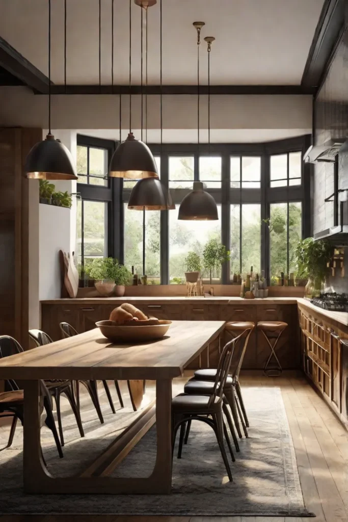 A spacious kitchen showcasing a large wooden table at its center surrounded