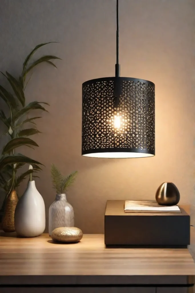 A statement pendant light with an intricate metallic design hanging above a