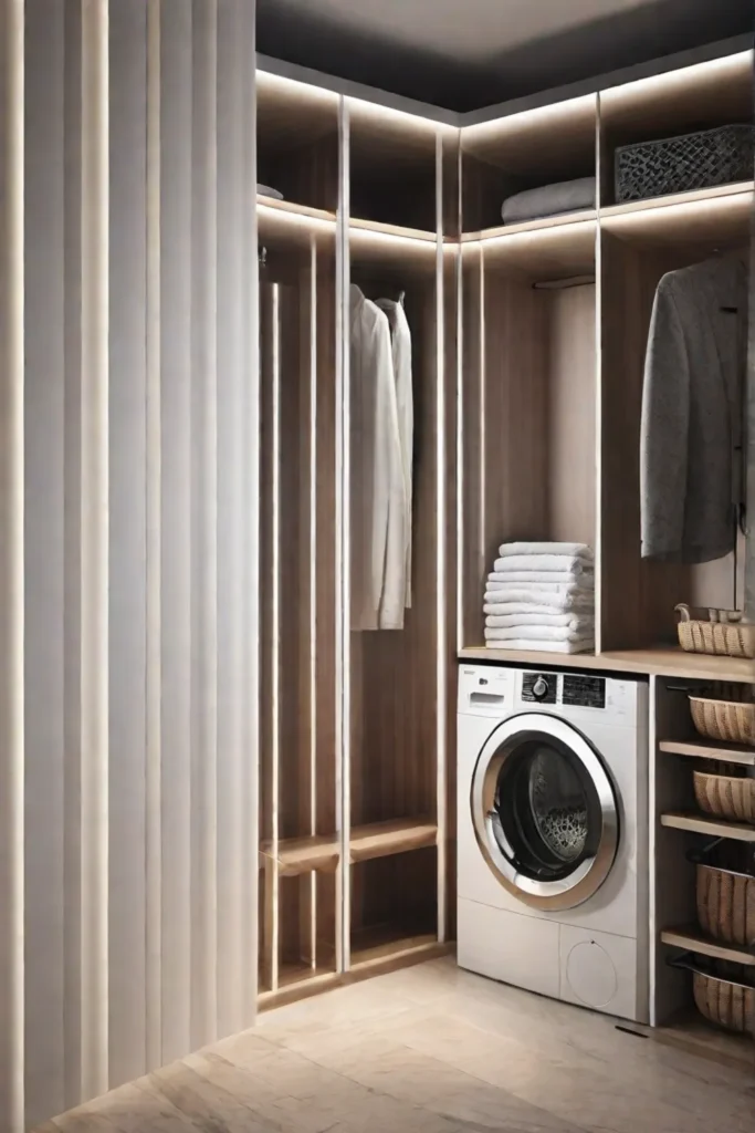 A stylish rolling laundry basket tucked neatly between a contemporary washer and_resized