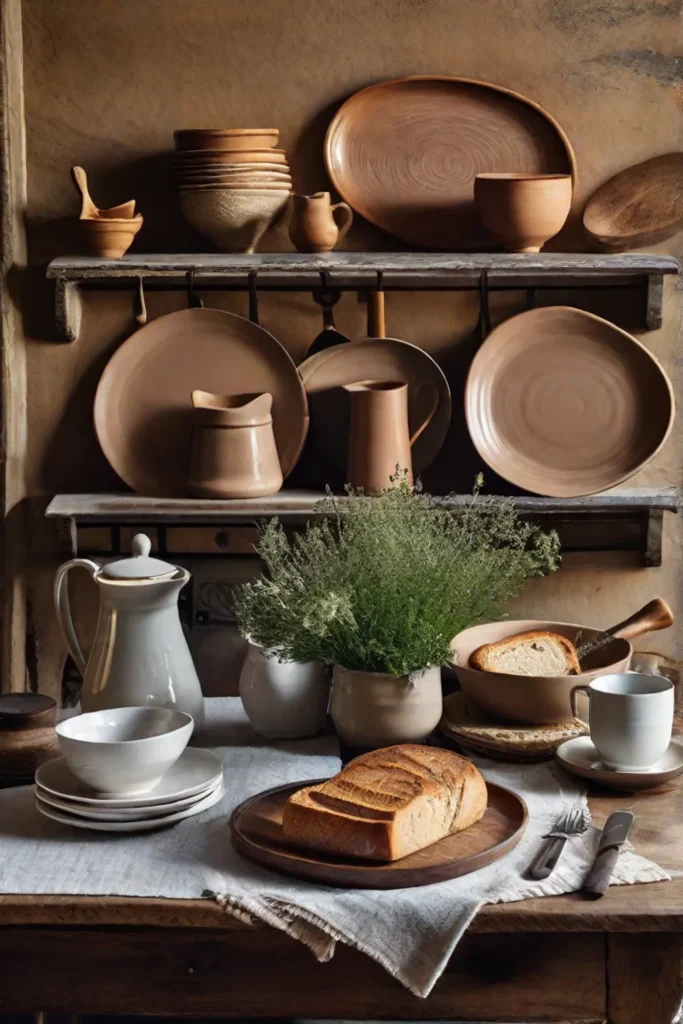 A sunlit farmhouse kitchen table set for a casual breakfast showcasing simple