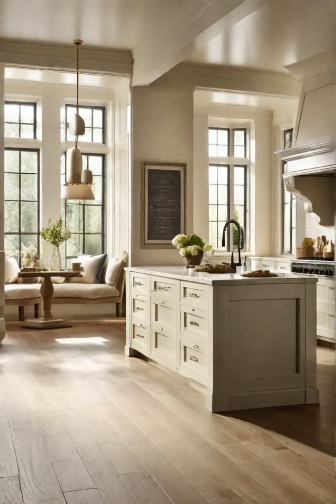 A sunny traditional kitchen with ivory painted walls eggshellcolored cabinetry and a