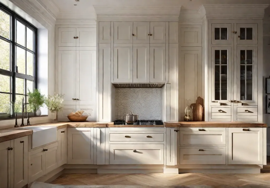 A sunny traditional kitchen with ivory painted walls eggshellcolored cabinetry and afeat