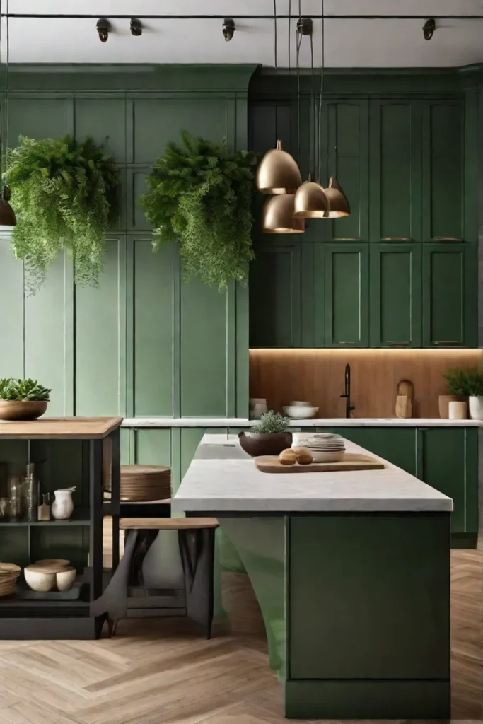 A traditional kitchen embracing earthy tones with a focus on greenpainted cabinets