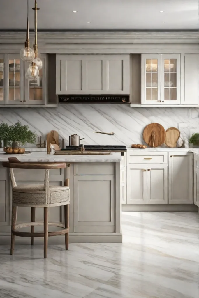 A traditional kitchen featuring a combination of marble and butcher block countertops