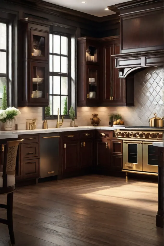 A traditional kitchen featuring cabinetry made of rich dark wood with raised