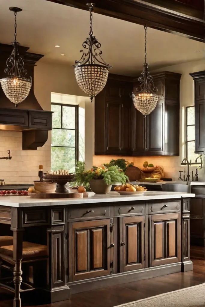 A traditional kitchen illuminated by an ornate wroughtiron chandelier hanging over the