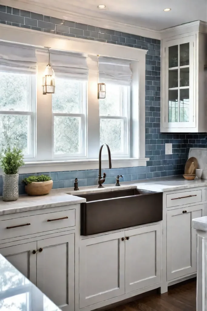 A tranquil coastal kitchen with a backsplash of soothing blue subway tiles