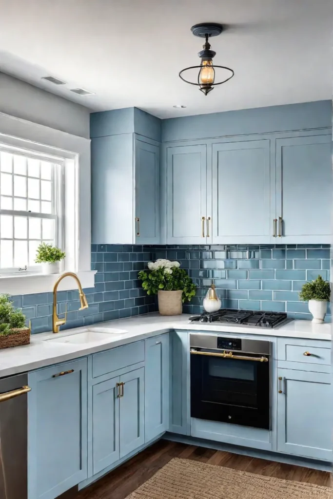 A tranquil coastal kitchen with soft blue shakerstyle cabinets a classic subway