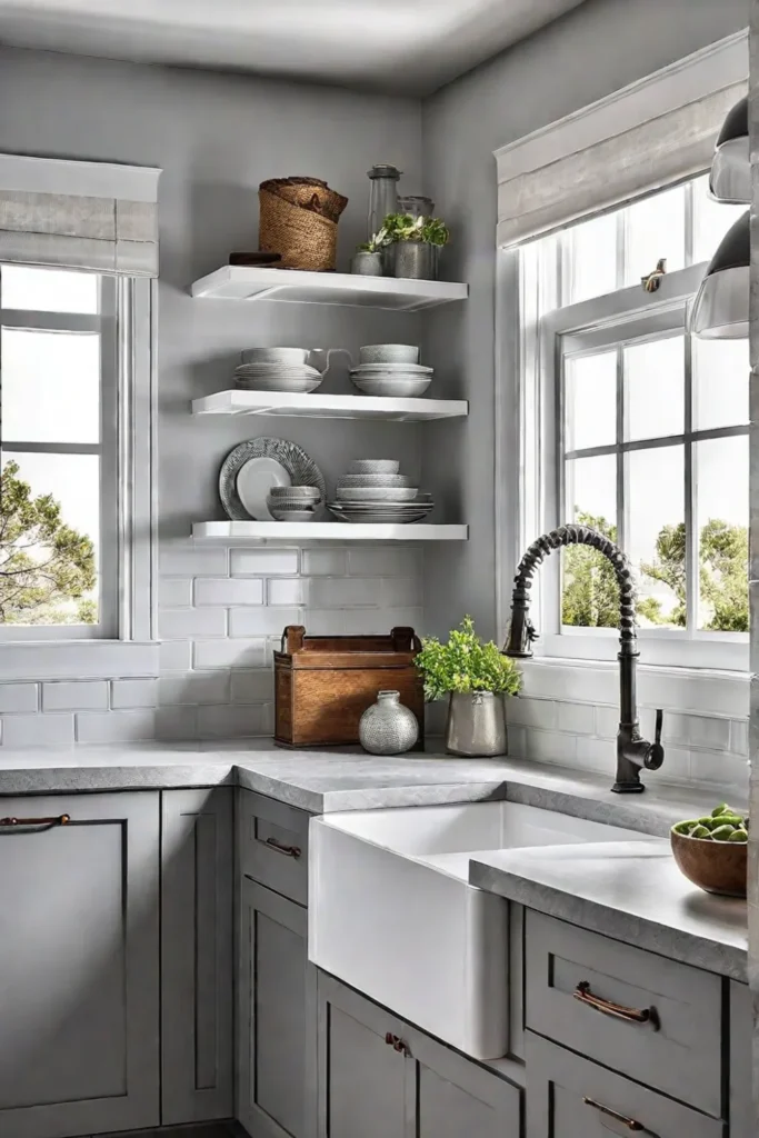 A tranquil coastal kitchen with soft gray shakerstyle cabinets a classic subway