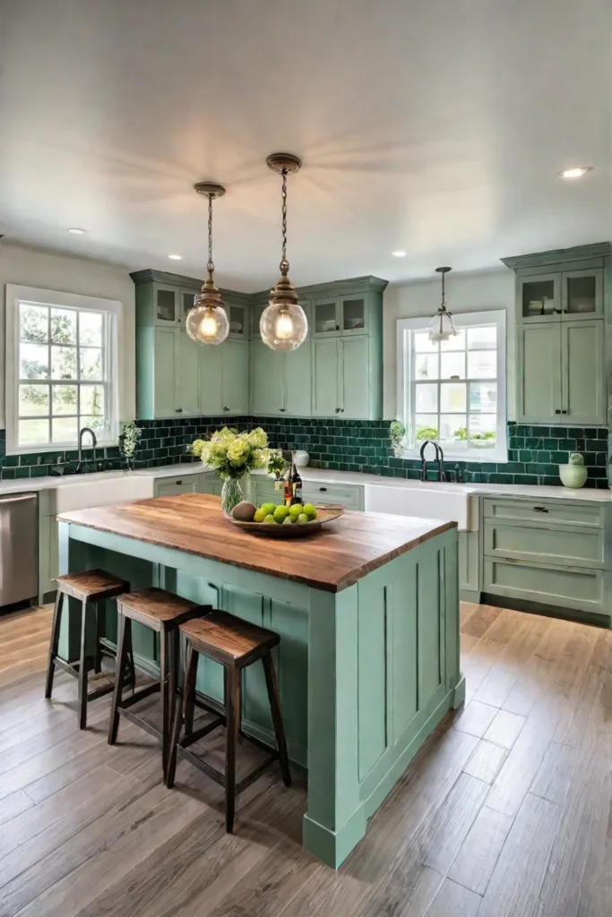 A tranquil coastal kitchen with soft green shakerstyle cabinets a classic subway