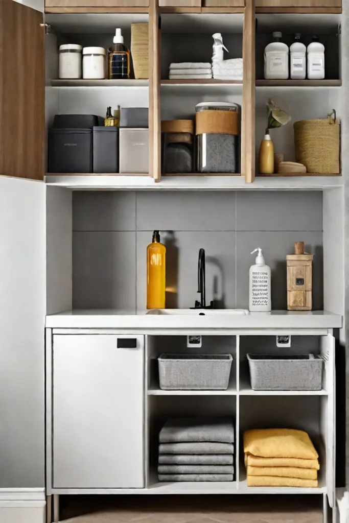 A utilitarian sink with builtin storage cabinets below filled with cleaning supplies_resized