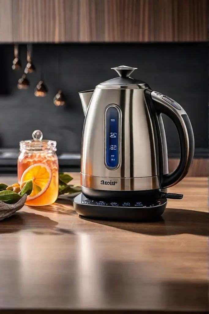 A versatile electric kettle in brushed metal sitting on a dark wood