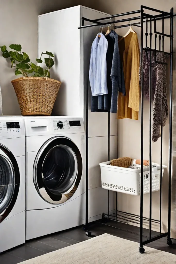 A versatile wallmounted folding rack extended in a laundry room with clothes_resized