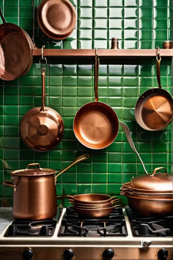 A vignette featuring a cluster of antique copper pots and pans hanging