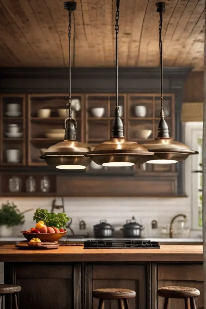 A vintage pendant light with warm ambient lighting hanging over a kitchen