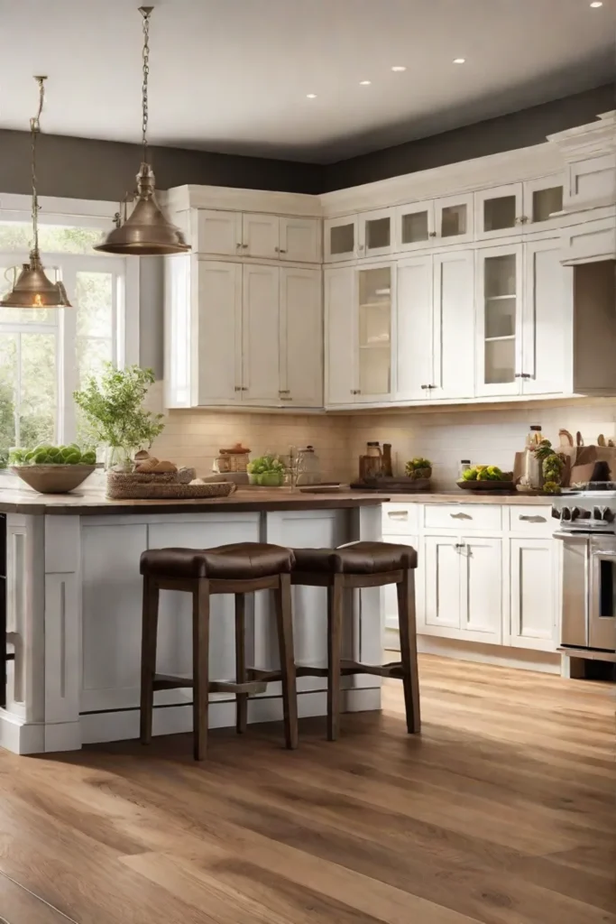 A warm and inviting kitchen scene featuring honeytoned hardwood flooring that complements