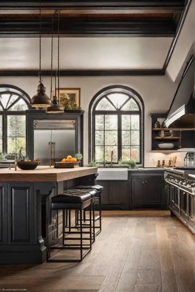 A warm inviting kitchen space highlighting a large butcher block countertop on