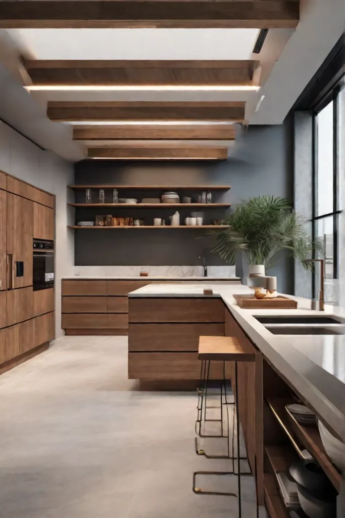 An Lshaped kitchen island offering a mix of open and closed storage