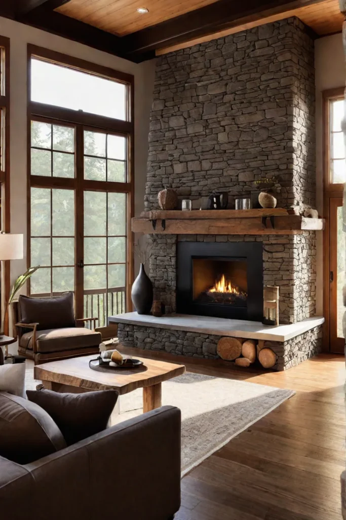 An earthy and natural living room with a stone fireplace wood accents