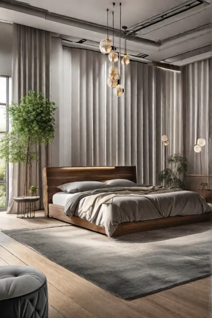 An ecofriendly bedroom focusing on sustainability with furniture made from recycled materials