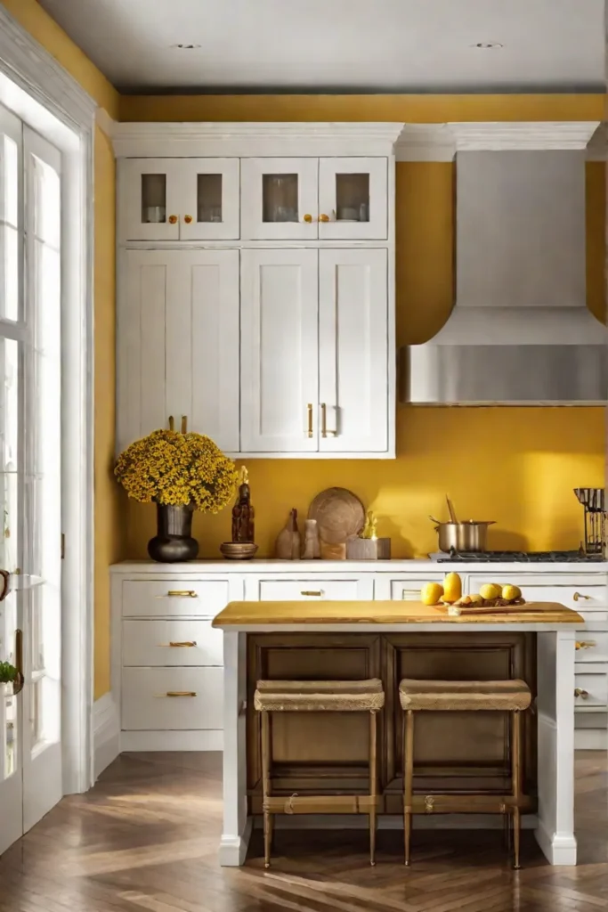 An energizing traditional kitchen space where sunny yellow walls are paired with