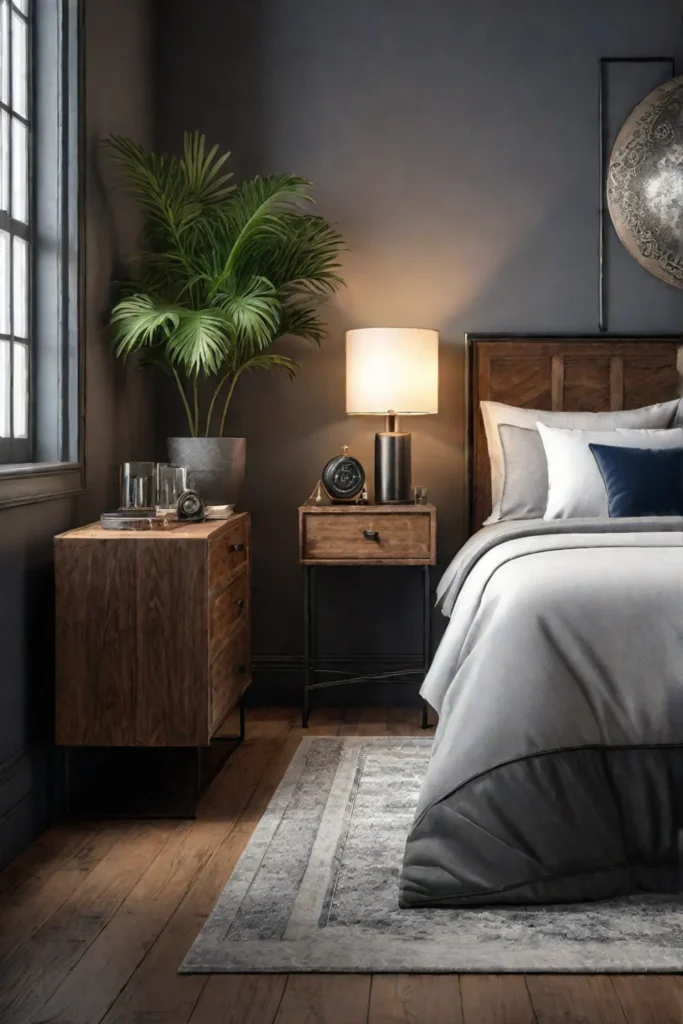 An industrialchic bedroom with a mix of vintage and modern elements including
