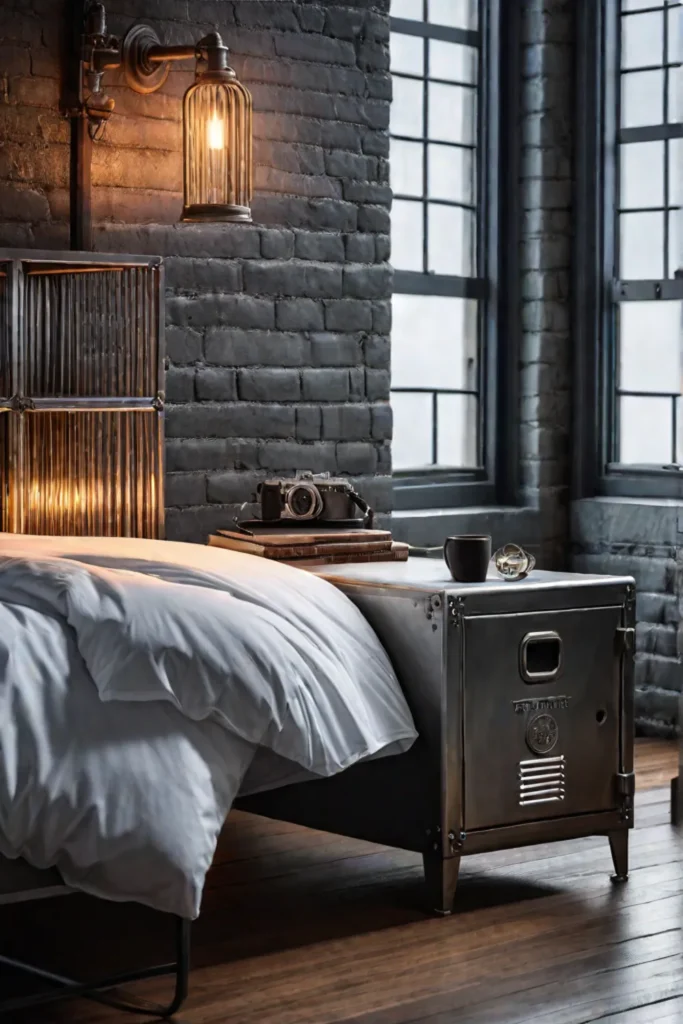 An industrialinspired bedroom with a vintagestyle metal locker serving as a nightstand