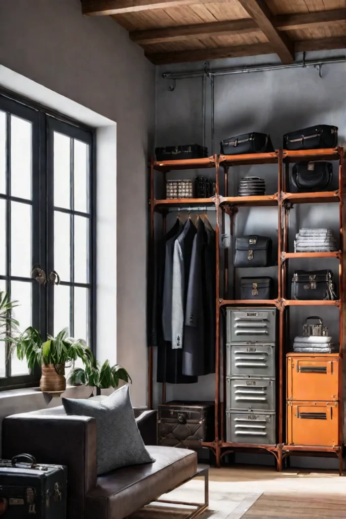 An industrialstyle bedroom with a focus on smart storage solutions including open