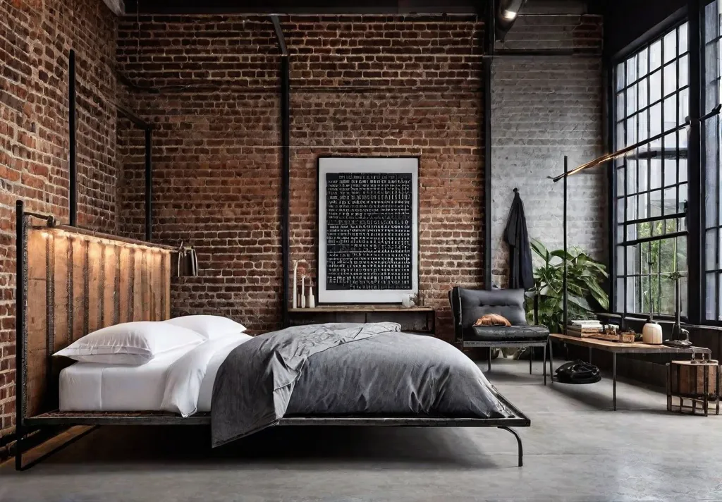 An industrialstyle bedroom with exposed brick walls a metal bed frame andfeat