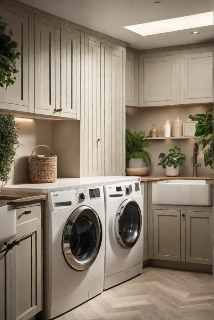 An inviting laundry room painted in soothing light hues with undercabinet LED_resized