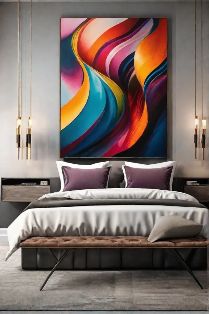 An oversized abstract painting dominating one wall of the bedroom its bold